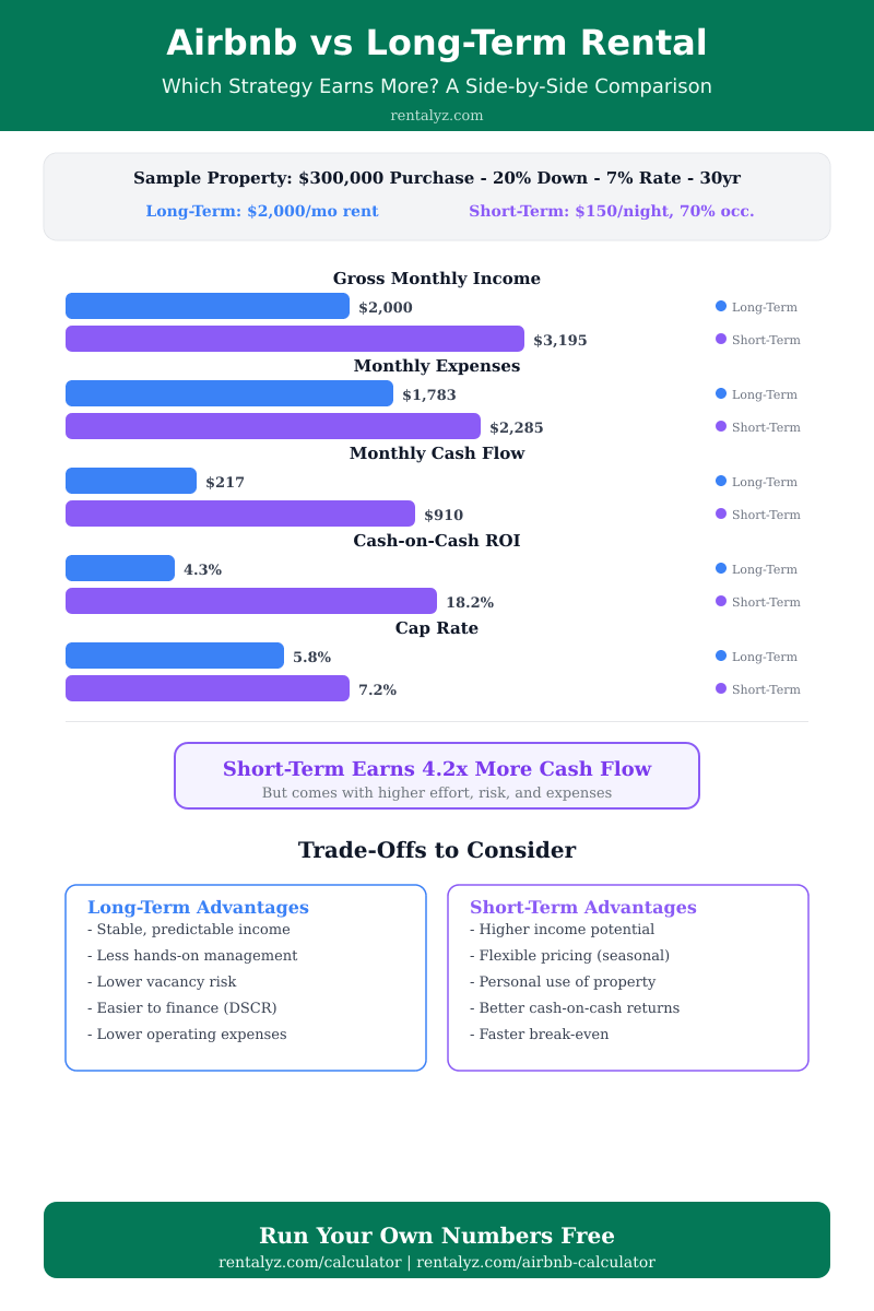 Airbnb vs Long-Term Rental infographic comparing gross income, expenses, cash flow, cash-on-cash ROI, and cap rate side by side