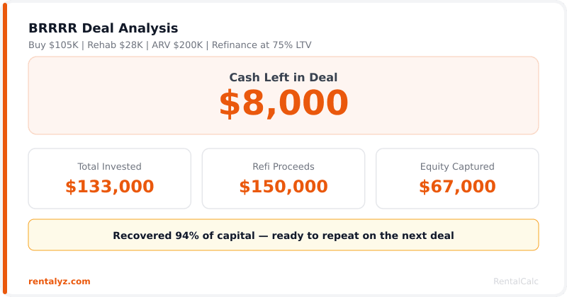 BRRRR deal analysis showing purchase plus rehab cost, after-repair value, equity captured, and cash left in deal from our free calculator